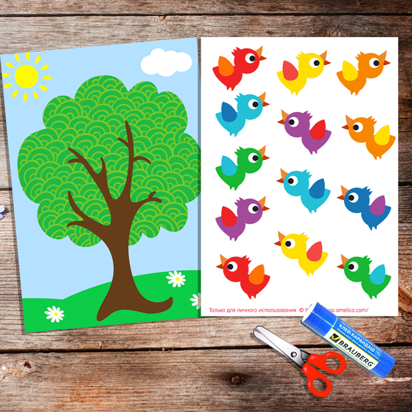 Аппликация для детского сада или для занятий дома, шаблоны для аппликации «Птички на дереве»