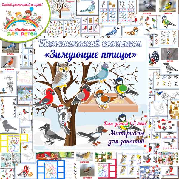 Тематический комплект "Зимующие птицы". Картинки зимующие птицы, развивающие игры про птиц скачать и распечатать