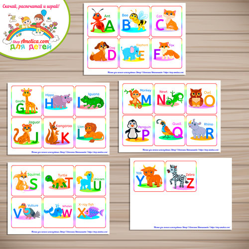 Английский алфавит. Развивающие карточки для малышей «Alphabet-Animals» скачать для печати