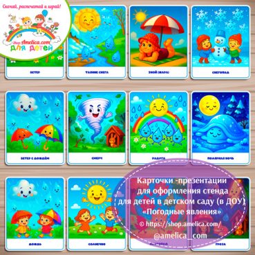 Демонстрационные карточки — презентации для оформления стенда для детского сада "Погодные явления"