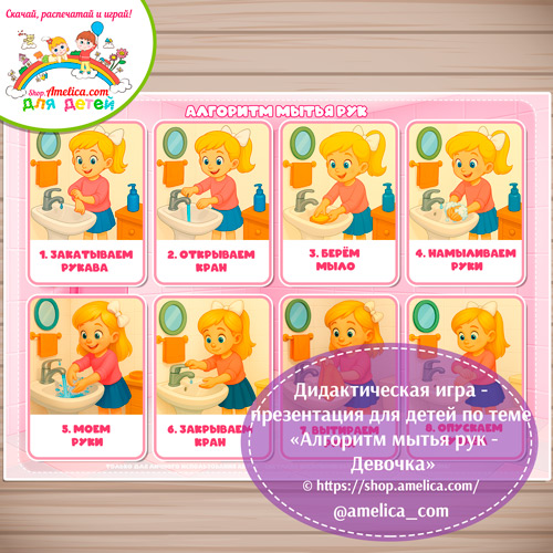 Дидактическая игра - презентация на липучках «Алгоритм мытья рук - девочка»