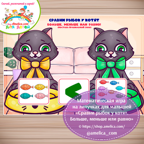 Математическая игра для дошкольников «Сравни рыбок у котят. Больше, меньше или равно»