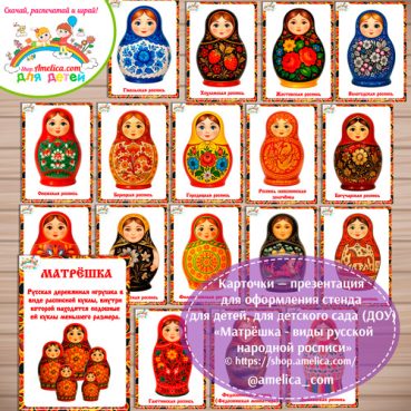 Карточки - презентации (наглядное пособие) для оформления стенда «Матрёшка - виды русской народной росписи».