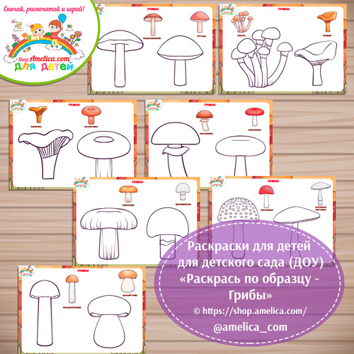 Раскраски для детей, для детского сада (ДОУ) "Раскрась по образцу - Грибы"