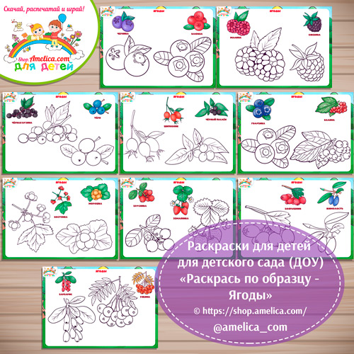 Раскраски для детей, для детского сада (ДОУ) "Раскрась по образцу - Ягоды"