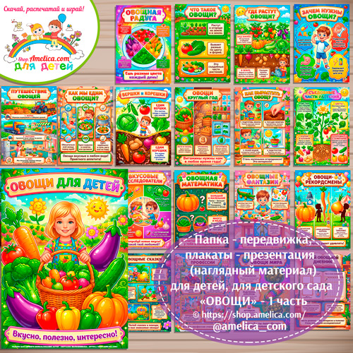 Папка-передвижка, плакаты - презентации (наглядный материал) «Овощи» - 1 часть
