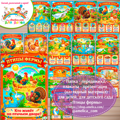 Папка-передвижка, плакаты - презентации (наглядный материал) «Птицы фермы» для детей.