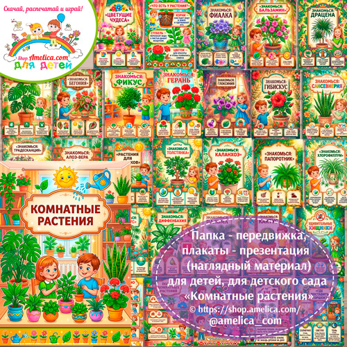Папка-передвижка, плакаты - презентации (наглядный материал) «Комнатные растения» для детей.