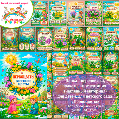 Папка-передвижка, плакаты - презентации (наглядный материал) «Первоцветы» для детей.