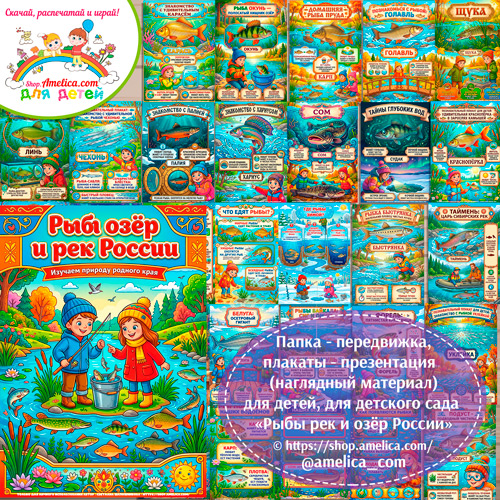 Папка-передвижка, плакаты - презентации (наглядный материал) «Рыбы озер и рек России» для детей.