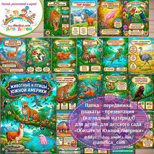 Папка-передвижка, плакаты - презентации (наглядный материал) «Обитатели Южной Америки: животные и птицы» для детей.