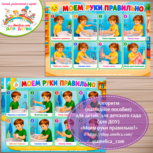 АЛГОРИТМ, плакат - презентация (наглядное пособие) «Моем руки правильно» - 2 вариант